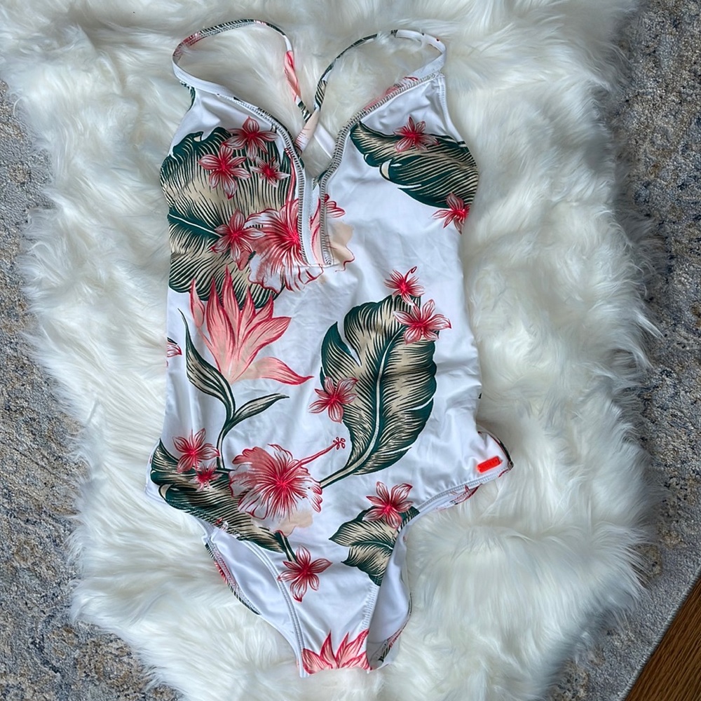 Roxy Tropical Flower Palm Plunge Neck Open Back One Piece Bathing Suit Medium